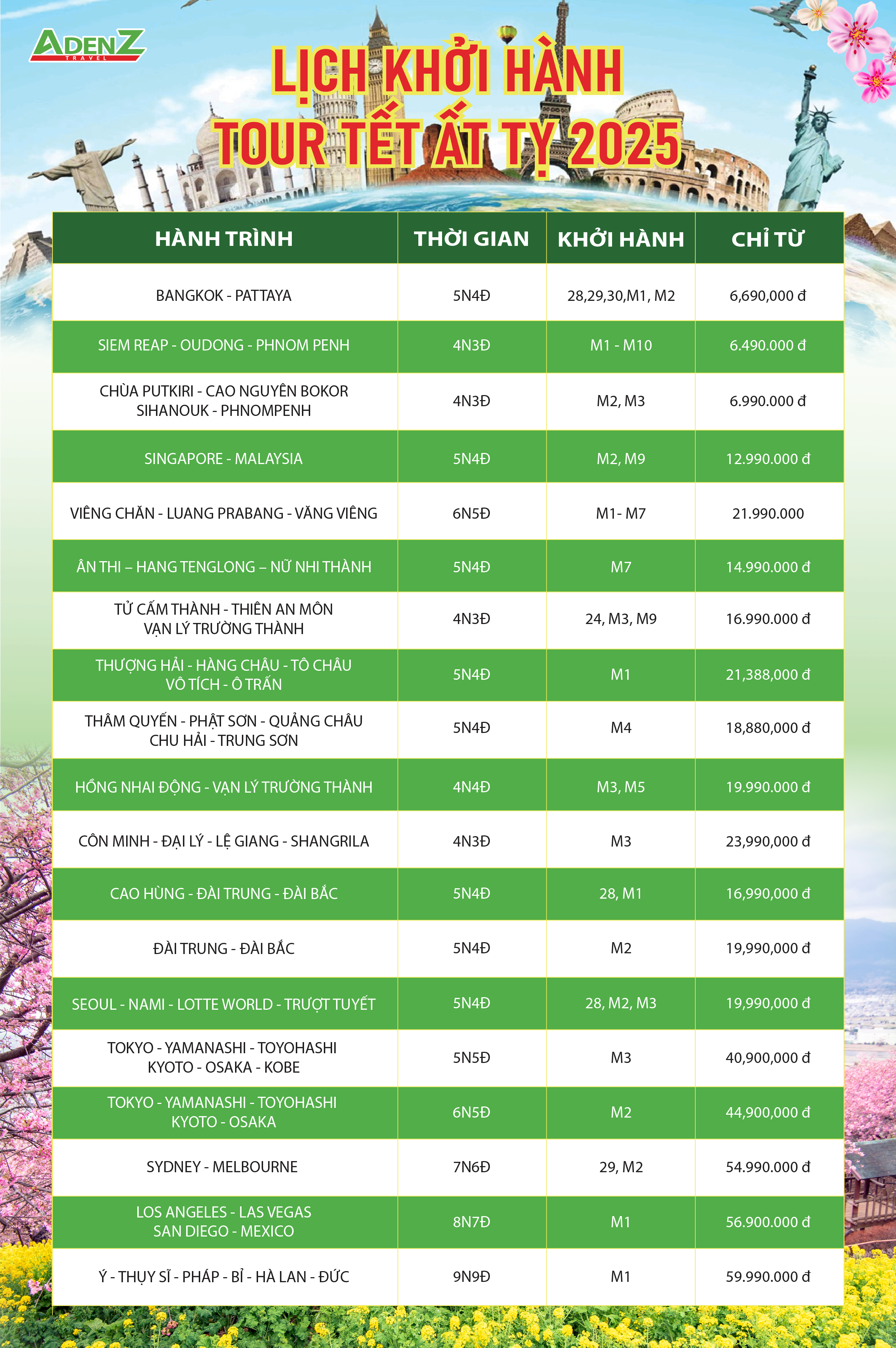 LỊCH KHỞI HÀNH TOUR TẾT ẤT TỴ 2025